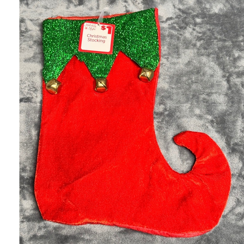 Holiday Style Elf Christmas Stocking Red Green Glitter Gold Jingle Bells NWT